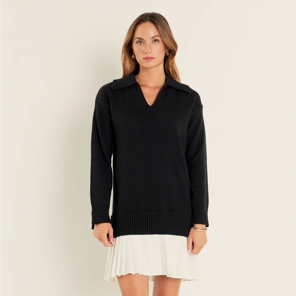Black Sweater Dress with layered pleated White Hem